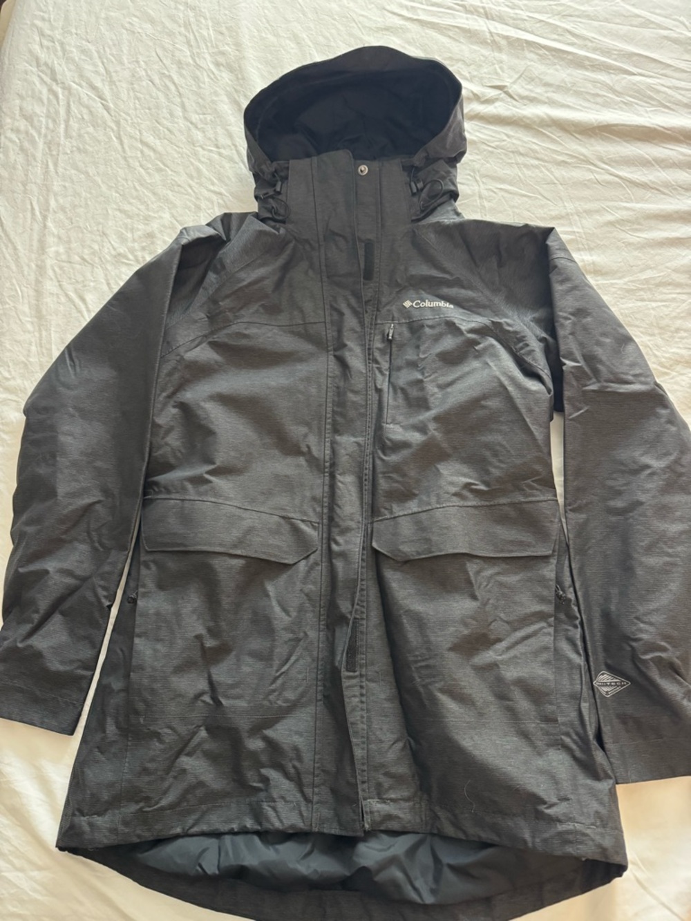 Columbia Black Hooded Rain Jacket with Blue Trim